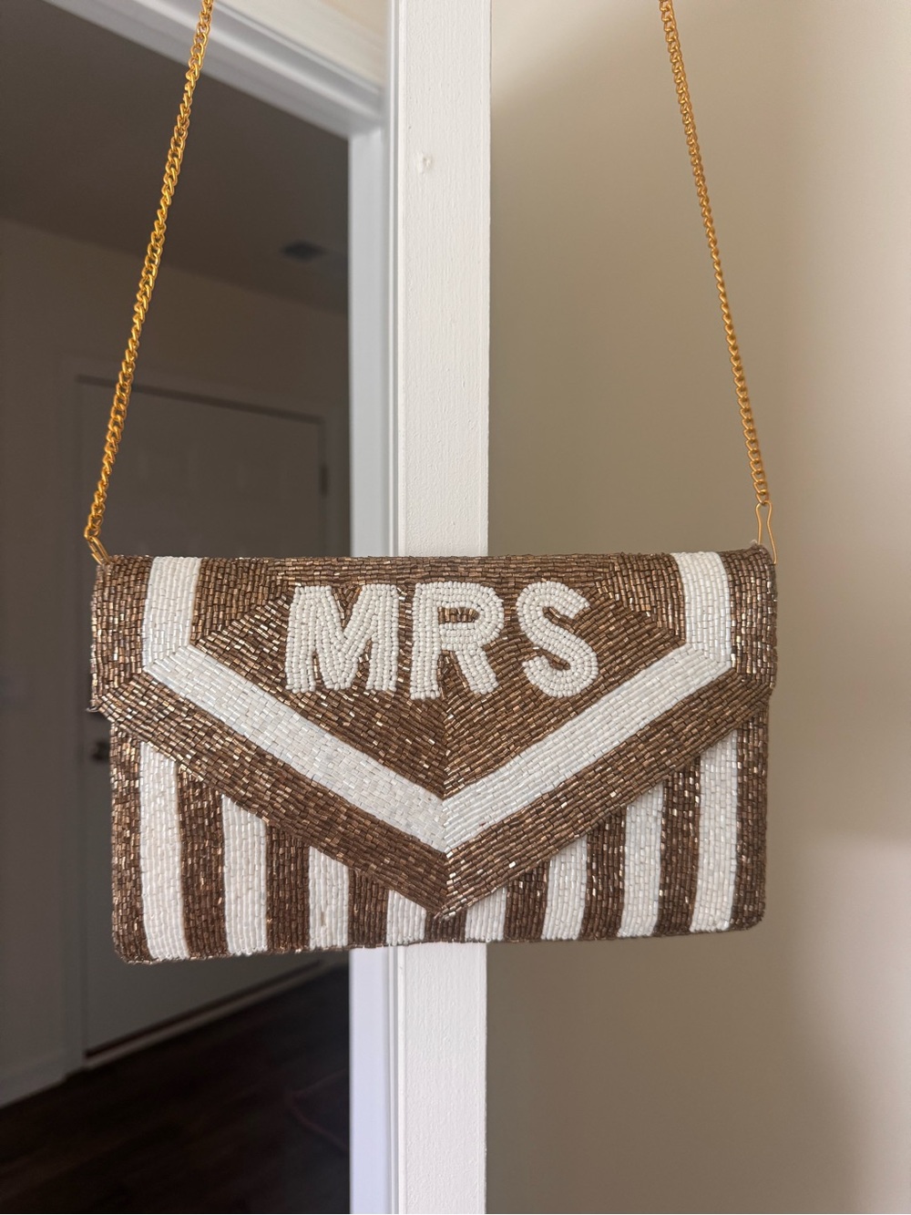 Beaded 'MRS' Envelope Crossbody Bag or clutch in gold and white